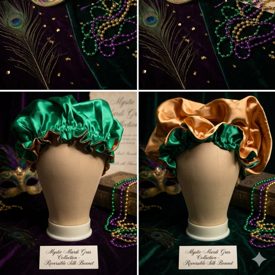Mystic Mardi Gras Reversible Satin Bonnet