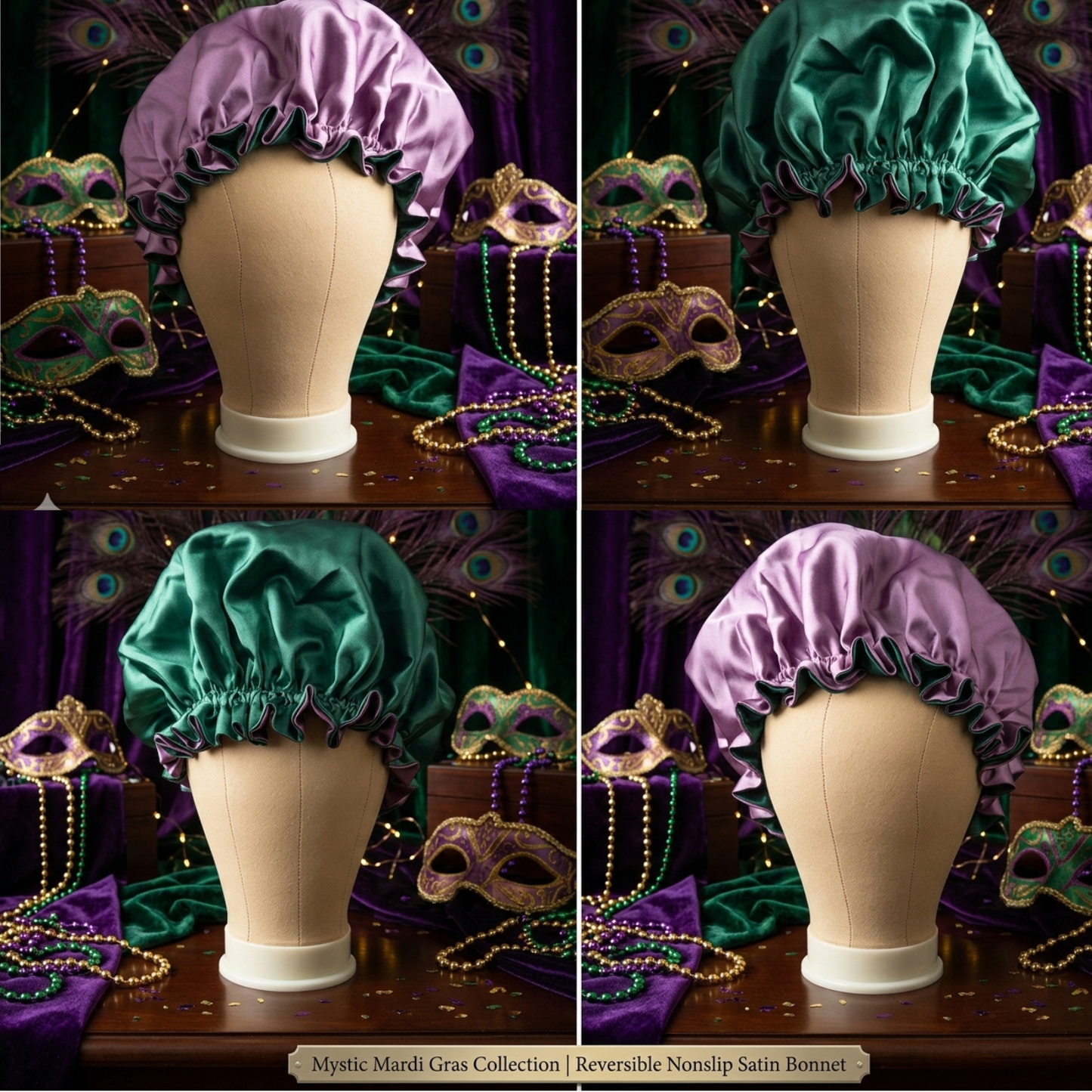 Mystic Mardi Gras Reversible Satin Bonnet